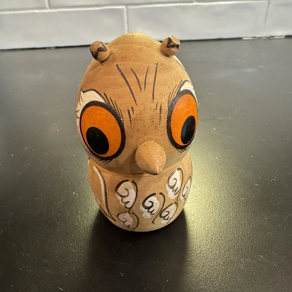 Wooden‎ Owl Trinket Box Figurine Hand Painted Vintage Russian Nesting Doll